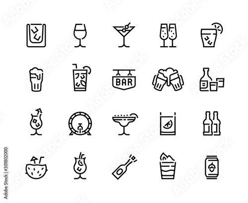 Alcohol drinks line icons. Cocktails, beer bottle and beverages, vermouth margarita and other tropical drinks. Vector isolated fashion bar menu set with alcohol drink glass