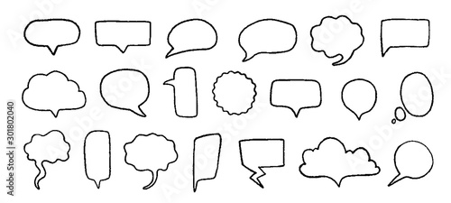 Doodle speech bubbles. Hand drawn elements for quotes and text with pencil sketch lines and grunge shapes. Vector trendy set sketched black line clouds for speaking or thinking expression