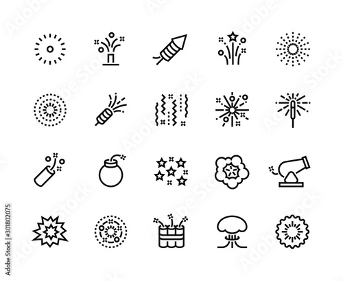 Firework line icons. Birthday party and anniversary celebration light sparklers, new year pyrotechnics. Vector illustration fireworks icon collection for congratulation, feast or festival