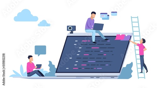 Programming concept with people characters. Freelance work business and marketing. Vector illustration companies with professional interaction technical specialists and computer with digital softwares