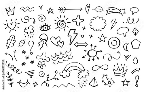 Doodle elements. Arrows flowers leaves and stars decorative elements for invitation and greeting cards. Vector illustration abstract sketch decoration set. Graphic outline printing sign