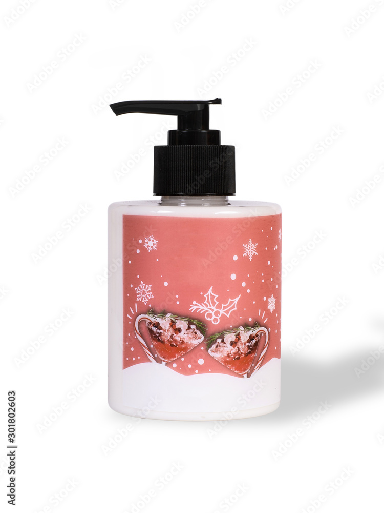 Shower gel isolated on white background. Christmas gift with traditional pattern. Shower gel isolated on white background. Christmas gift with traditional pattern.