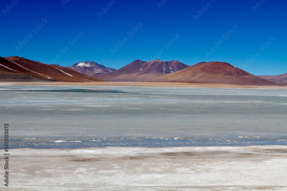Mountain lake with beautiful volcanoes on the background, Andean altiplano, bolivia Mountain lake with beautiful volcanoes on the background, Andean altiplano, bolivia