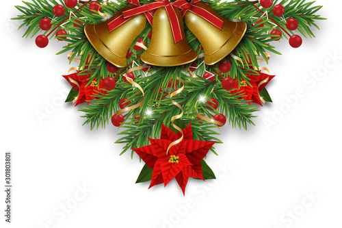 Christmas decorations with golden bells, fir branches, Christmas flowers poinsettia and holly berries. Design element for Xmas and New Year greeting card or banner and poster. Vector