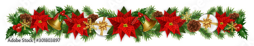 Christmas and New Year border decorations garland with fir branches, golden bells, Christmas flowers poinsettia, holly berries and gifts boxes. Design element for Xmas card on white background.