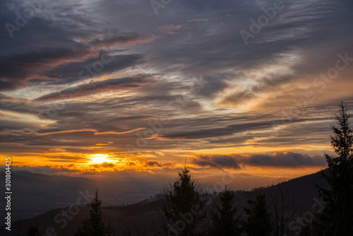 Beautiful sunrise in the mountains with clouds, Czech