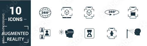 Ar And Vr icon set. Include creative elements augmented reality, 360 view, face recognition, augmented reality glasses, shopping icons. Can be used for report, presentation, diagram, web design