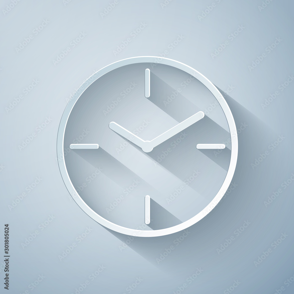 Paper cut Clock icon isolated on grey background. Time symbol. Paper art style. Vector Illustration Paper cut Clock icon isolated on grey background. Time symbol. Paper art style. Vector Illustration