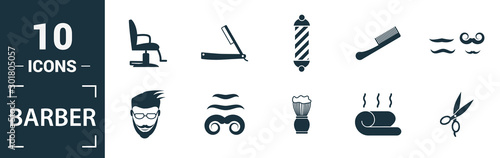Barber Shop icon set. Include creative elements scissors, foam brush, straight razors cross, towel, mirror icons. Can be used for report, presentation, diagram, web design