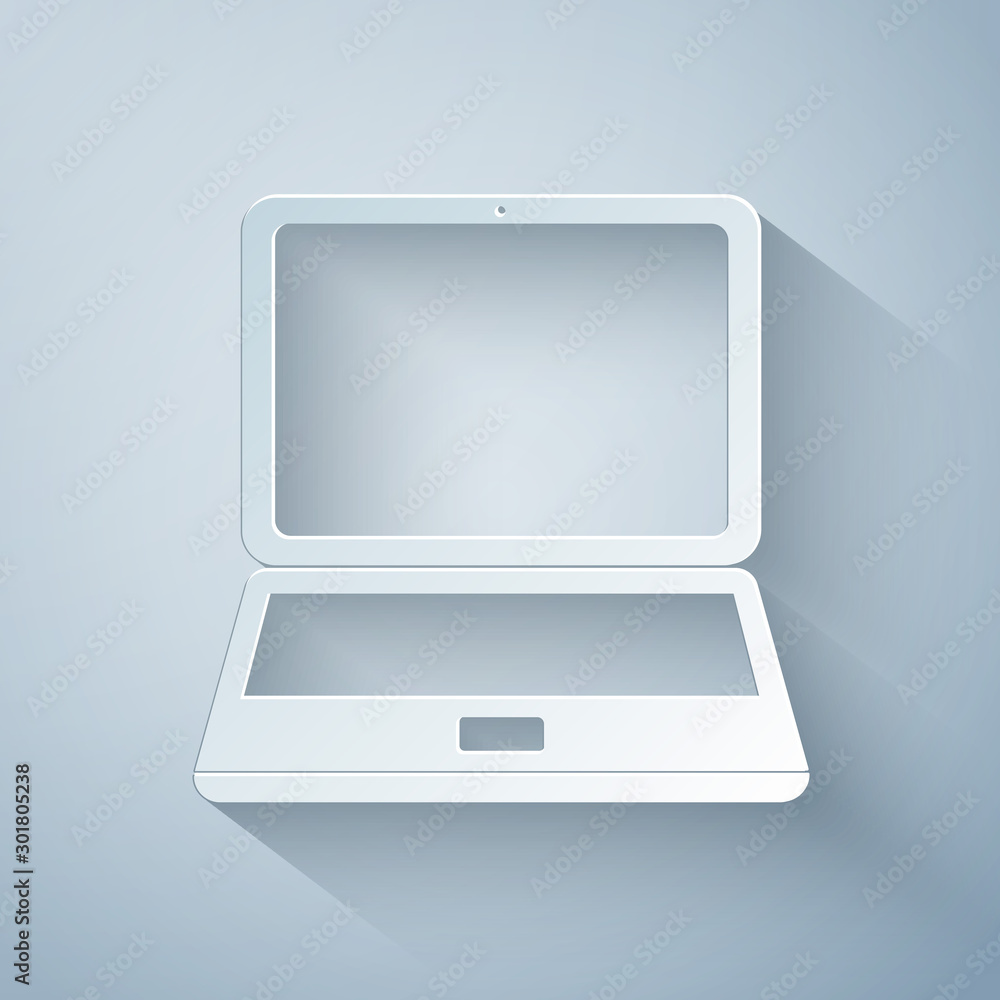 Paper cut Laptop icon isolated on grey background. Computer notebook with empty screen sign. Paper art style. Vector Illustration Paper cut Laptop icon isolated on grey background. Computer notebook with empty screen sign. Paper art style. Vector Illustration