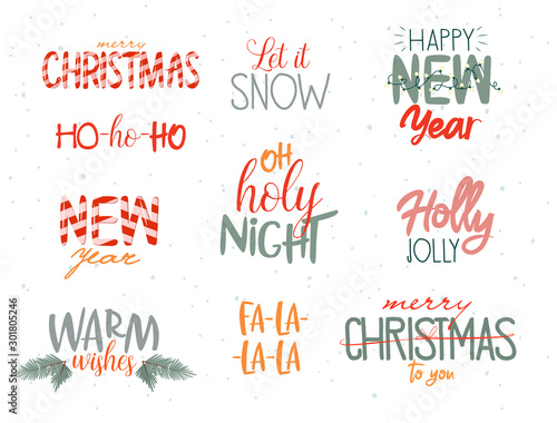 Cute typography quotes with Holiday lettering phrases. Merry Christmas or Happy New 2020 Year template with holiday lettering quotes. Editable Vector illustration