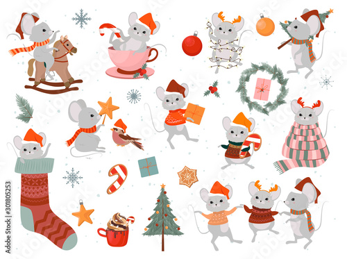 Collection of cute Mouse and Holidays elements, New Year and Merry Christmas concept. Editable vector illustration.