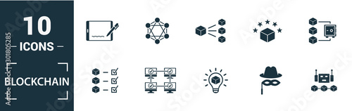 Blockchain icon set. Include creative elements block, distribution, confirmation, anonymity, protocol icons. Can be used for report, presentation, diagram, web design