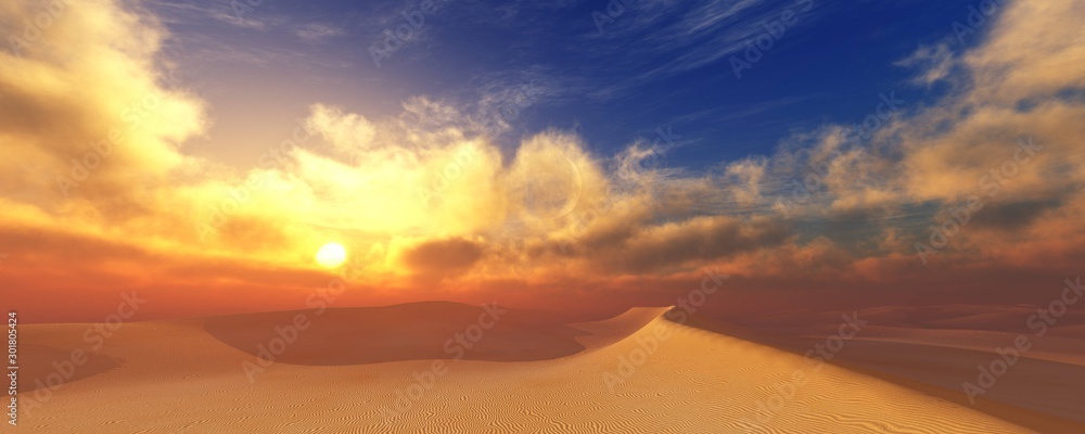 Desert at sunset, Sunrise in the sand. 3d rendering.