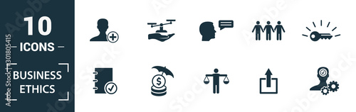 Business Ethics icon set. Include creative elements csr, trust, morality, license to work, profitability icons. Can be used for report, presentation, diagram, web design