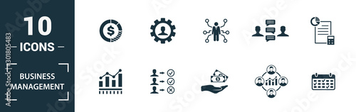 Business Management icon set. Include creative elements expert opinion, budget balance, sponsor, discussion, key event icons. Can be used for report, presentation, diagram, web design