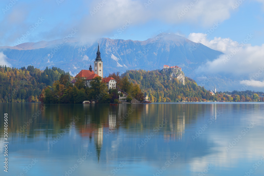 View of beautiful lake Bled with the island and the church on a stunning morning
