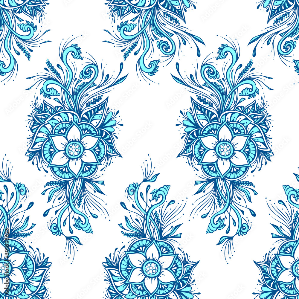 Seamless pattern or texture with decorative flowers in blue white for wallpaper or textile or decoration package or for hygiene products or for fashion or decoupage or drapery - obrazy, fototapety, plakaty 