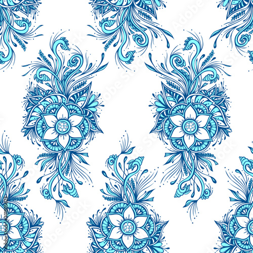 Seamless pattern or texture with decorative flowers in blue white for wallpaper or textile or decoration package or for hygiene products or for fashion or decoupage or drapery photo
