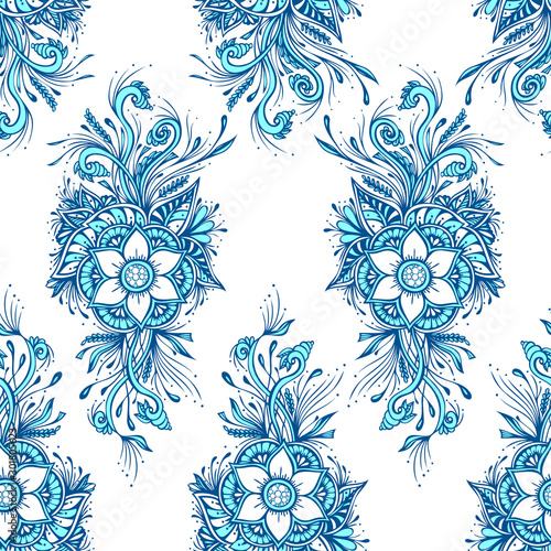Seamless pattern or texture with decorative flowers in blue white for wallpaper or textile or decoration package or for hygiene products or for fashion or decoupage or drapery