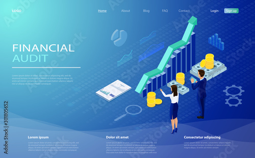 Financial statement, analysis and statistic online servises, money cash accounting isometric vector. Financial management concept. Auditing, business analysis concept with characters.
