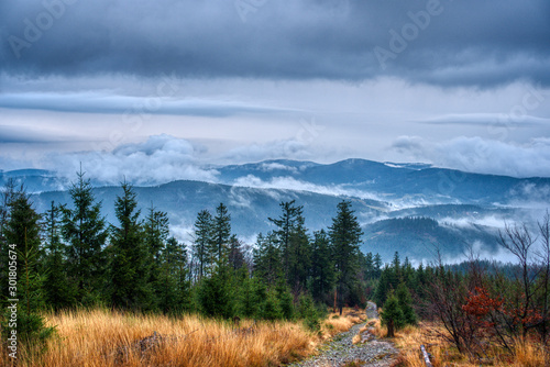 Fototapeta Naklejka Na Ścianę i Meble -  Beautiful view of clouds traveling over mountains in Beskydy, Czech
