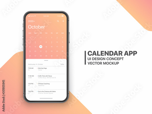 Calendar App Concept October 2020 Page with To Do List and Tasks UI UX Design Vector Mockup Smartphone Iphone 11 Screen Isolated on White Background. Planner Application Template for Mobile Phone