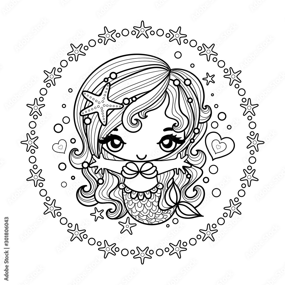 Hand drawn cute little mermaid in a round frame. Black and white. Doodle cartoon vector illustration.