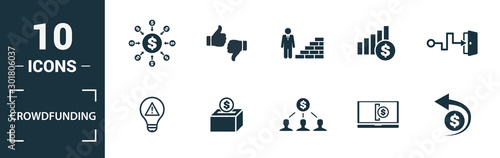 Crowdfunding icon set. Include creative elements marketplace, social participation, pre-release, rewards, funding platform icons. Can be used for report, presentation, diagram, web design