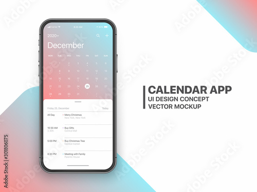 Calendar App Concept December 2020 Page with To Do List and Tasks UI UX Design Vector Mockup Smartphone Iphone 11 Screen Isolated on White Background. Planner Application Template for Mobile Phone