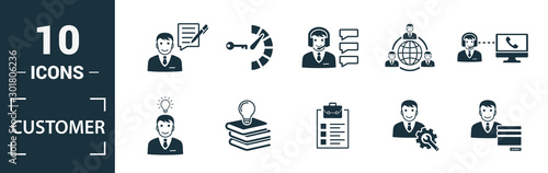 Customer Service icon set. Include creative elements agent console, case priority, satisfaction, helpdesk, knowledge base icons. Can be used for report, presentation, diagram, web design