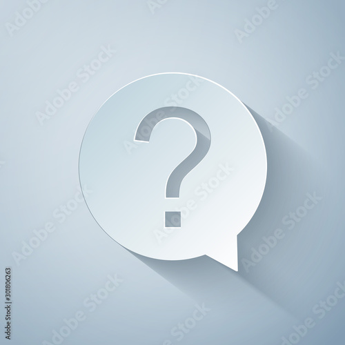 Paper cut Question mark in circle icon isolated on grey background. Hazard warning symbol. Help symbol. FAQ sign. Paper art style. Vector Illustration