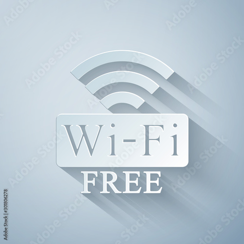 Paper cut Free Wi-fi icon isolated on grey background. Wi-fi symbol. Wireless Network icon. Wi-fi zone. Paper art style. Vector Illustration