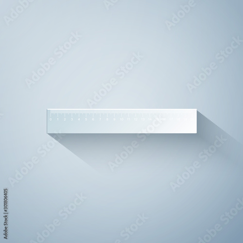 Paper cut Ruler icon isolated on grey background. Straightedge symbol. Paper art style. Vector Illustration