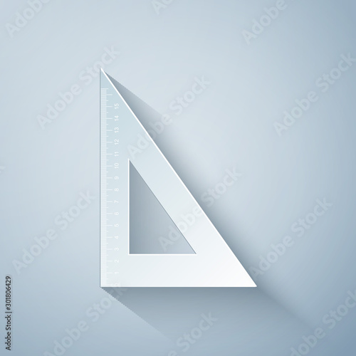 Paper cut Triangular ruler icon isolated on grey background. Straightedge symbol. Geometric symbol. Paper art style. Vector Illustration
