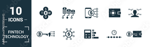 Fintech Technology icon set. Include creative elements basic income, bitcoin technology, online loan, kyc, business model icons. Can be used for report, presentation, diagram, web design