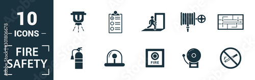 Fire Safety icon set. Include creative elements smoke detector, fire hose, report, no fire, fire sprinkler icons. Can be used for report, presentation, diagram, web design