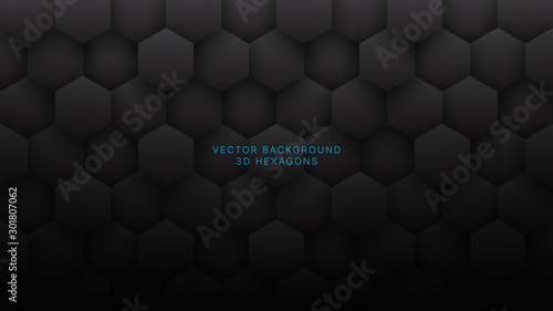 3D Vector Hexagons Grid Pattern Technological Dark Gray Abstract Background. Sci-fi Hexagonal Blocks Structure Conceptual Minimalist Art Illustration. Black Clear Blank Subtle Textured Wallpaper