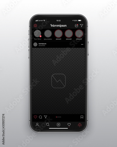 Photo Sharing Mobile App Instagram New Dark Mode UI and UX Alternative Trendy Concept Vector Mockup Frameless Smartphone Iphone 11 Screen Isolated on Light Background. Social Network Design Template