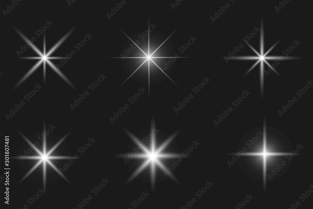 Set of glowing light effect. Bright stars, explosion. Transparent shining sun Set of glowing light effect. Bright stars, explosion. Transparent shining sun