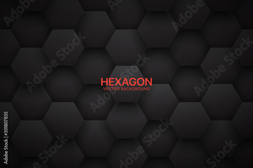 3D Vector Technological Hexagonal Blocks Dark Gray Abstract Background. Scientific Tech Hexagon Grid Pattern Black White Conceptual Wallpaper. Three Dimensional Clear Blank Subtle Textured Backdrop