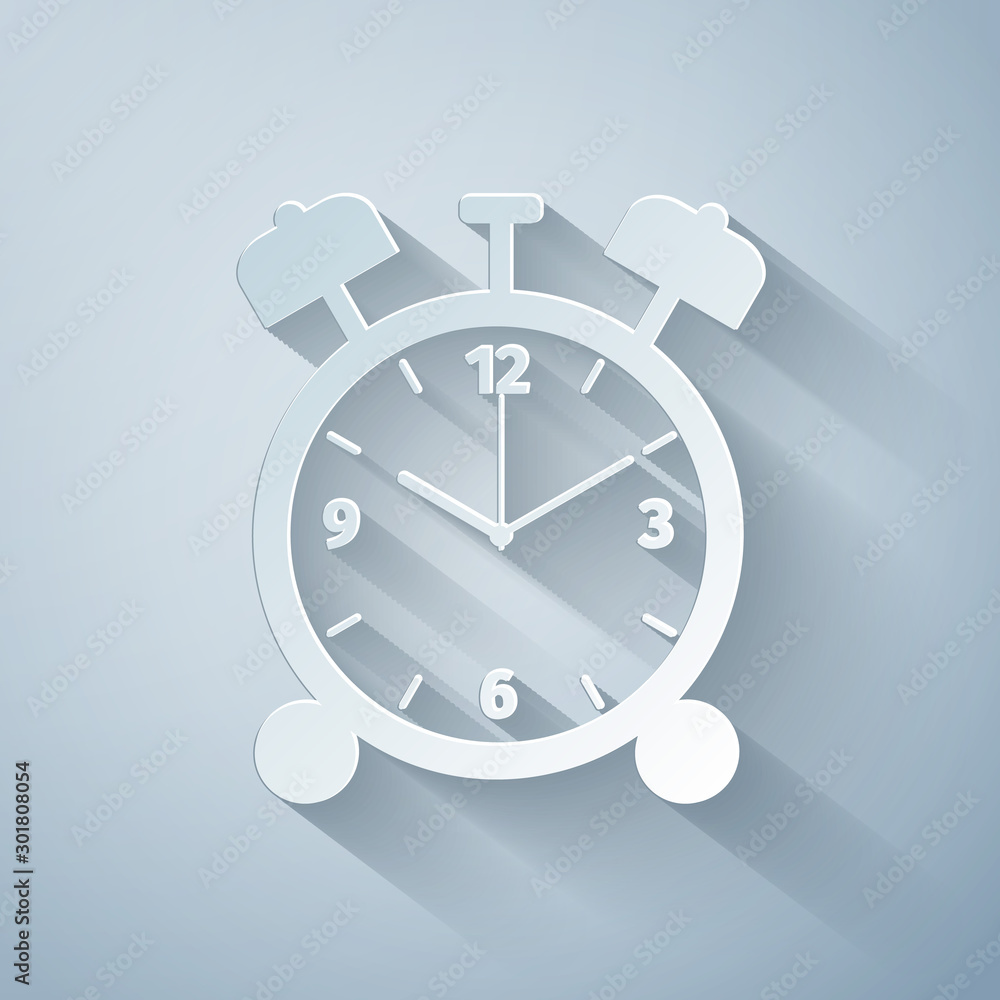 Paper cut Alarm clock icon isolated on grey background. Wake up, get up concept. Time sign. Paper art style. Vector Illustration Paper cut Alarm clock icon isolated on grey background. Wake up, get up concept. Time sign. Paper art style. Vector Illustration