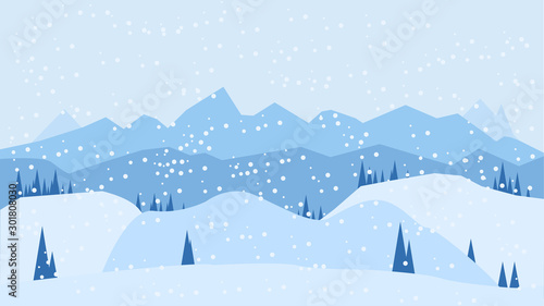 Vector illustration: Winter Mountains landscape with pine forest. Christmas background