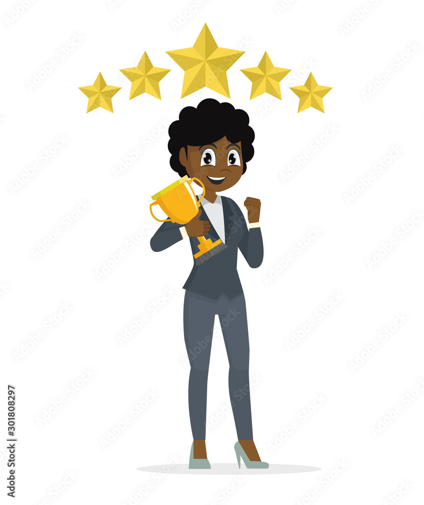 Cartoon character Poses, Business woman character. African Businesswoman concept winner success. Excited smiling cartoon female raising up trophy Cartoon character Poses, Business woman character. African Businesswoman concept winner success. Excited smiling cartoon female raising up trophy
