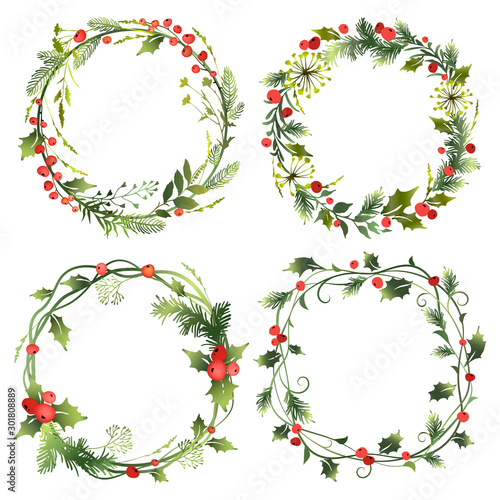 Set of decorative Christmas wreaths with mistletoe leaves, fir branches and holly berries. Vector illustration.