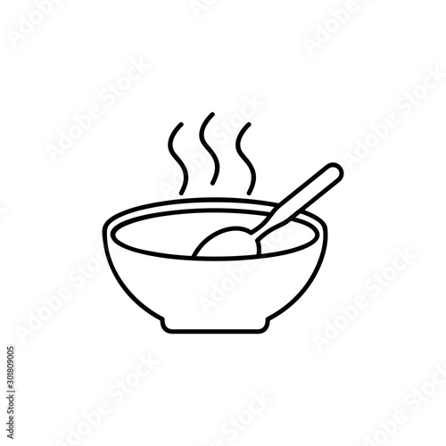 Bowl of hot soup with spoon icon thin line for web and mobile, modern minimalistic flat design. Vector abstract logo or emblem.