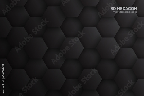 3D Hexagon Blocks Structure Dark Gray Vector Abstract Background. Three Dimensional Science Technologic Hexagonal Pattern Black Conceptual Minimalist Illustration. Clear Blank Subtle Textured Backdrop