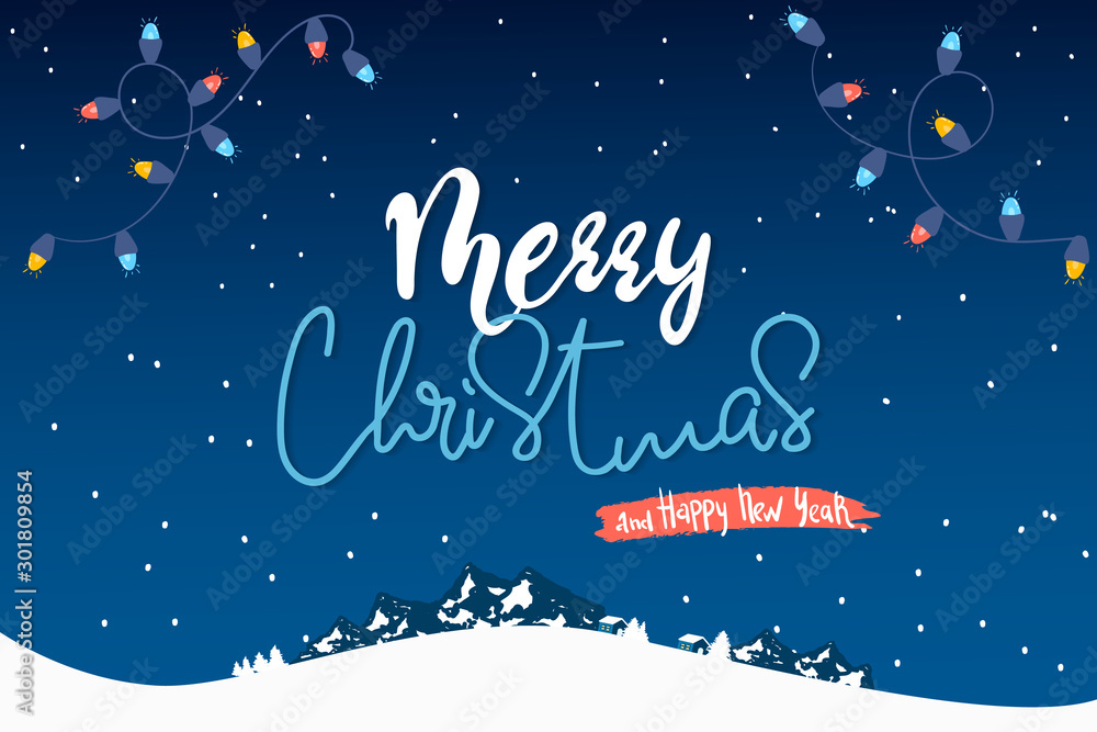 Merry Christmas, New Year Typographical on Xmas background with winter night landscape, snowflakes, light, Mountains, garland, lettering. Vector card.