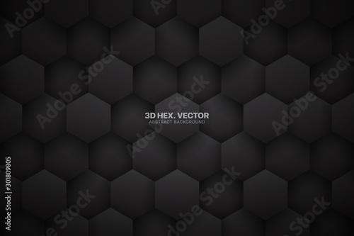 Dark Gray 3D Vector Tech Hexagonal Blocks Pattern Abstract Background. Science Technology Hexagons Grid Structure Black Conceptual Wallpaper. Three Dimensional Clear Blank Subtle Textured Backdrop