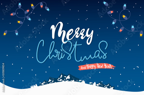 Merry Christmas, New Year Typographical on Xmas background with winter night landscape, snowflakes, light, Mountains, garland, lettering. Vector card.